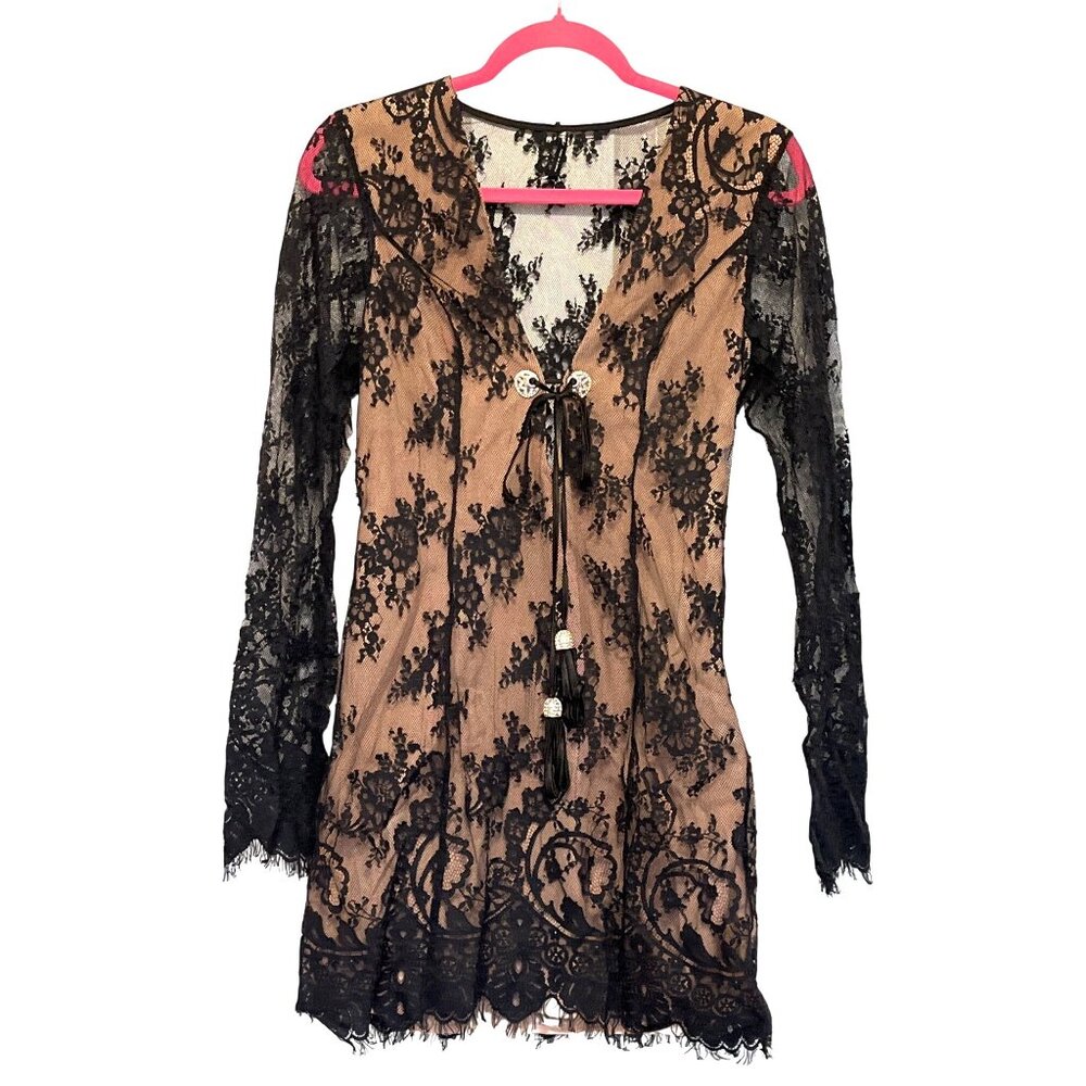 Nasty Gal Black Lace Plunge Neckline Mini Dress With Tassel Details Size L